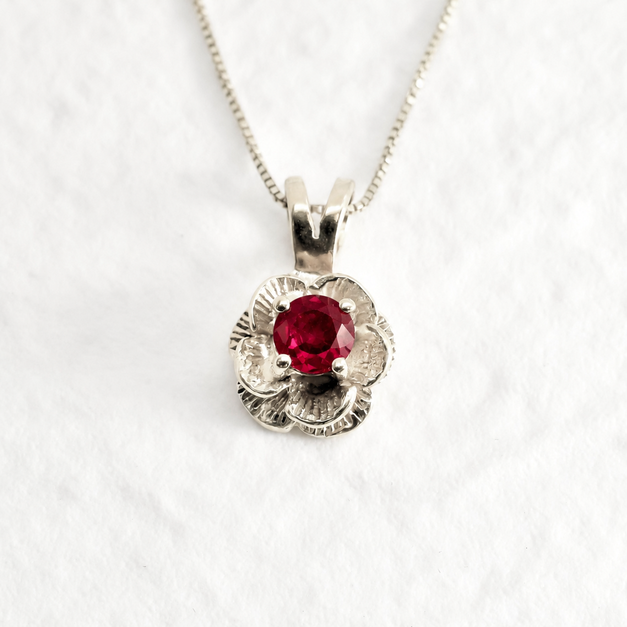 Created Ruby Pendant made in 925 Sterling Silver with Round Created Red Ruby in Prong setting, July Birthstone gift idea, symbolizes nobility, purity, and passion, ideal for everyday wear and perfect for birthday gifting and special occasions.