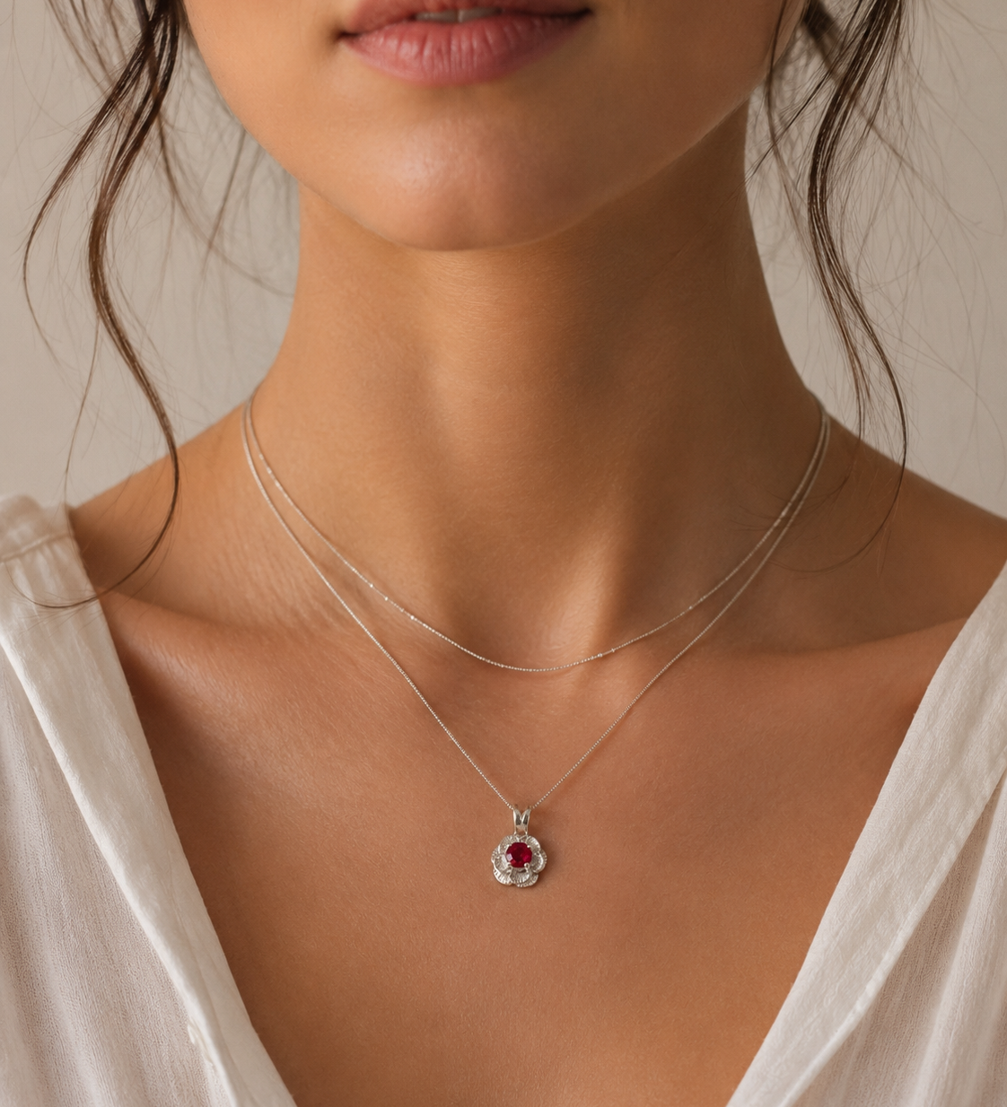 Elegant 925 Sterling Silver Ruby Pendant with round created red ruby, perfect for July birthdays and special occasions.