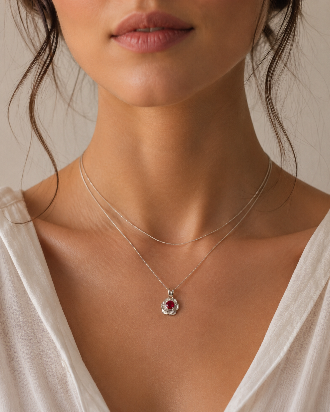 Elegant 925 Sterling Silver Ruby Pendant with round created red ruby, perfect for July birthdays and special occasions.