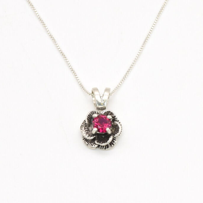 Created Ruby Pendant made in 925 Sterling Silver with Round Created Red Ruby in Prong setting, July Birthstone gift idea, symbolizes nobility, purity, and passion, ideal for everyday wear and perfect for birthday gifting and special occasions.