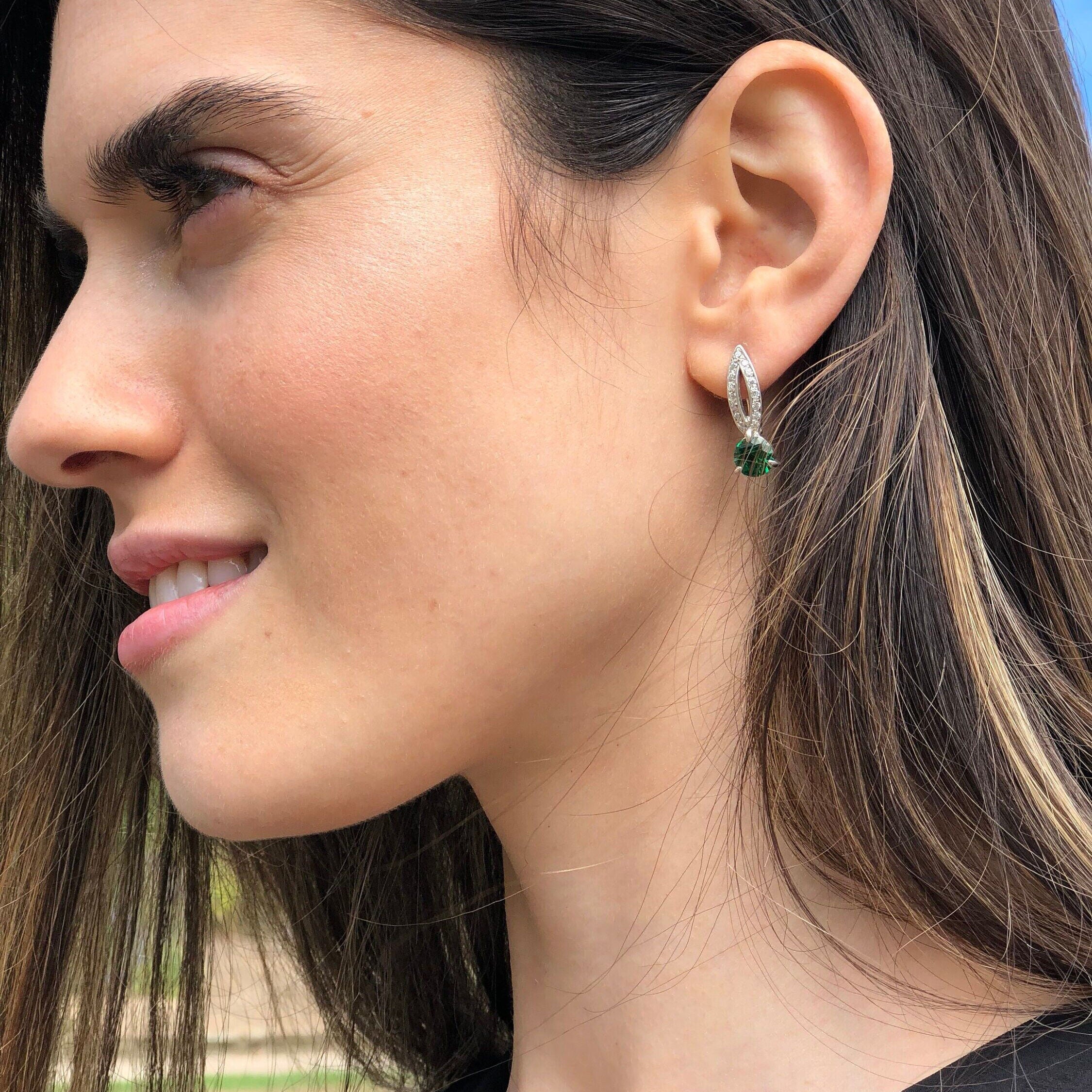 Elegant Created Emerald Earrings in 925 Sterling Silver, perfect for everyday wear and special May birthday gifts.