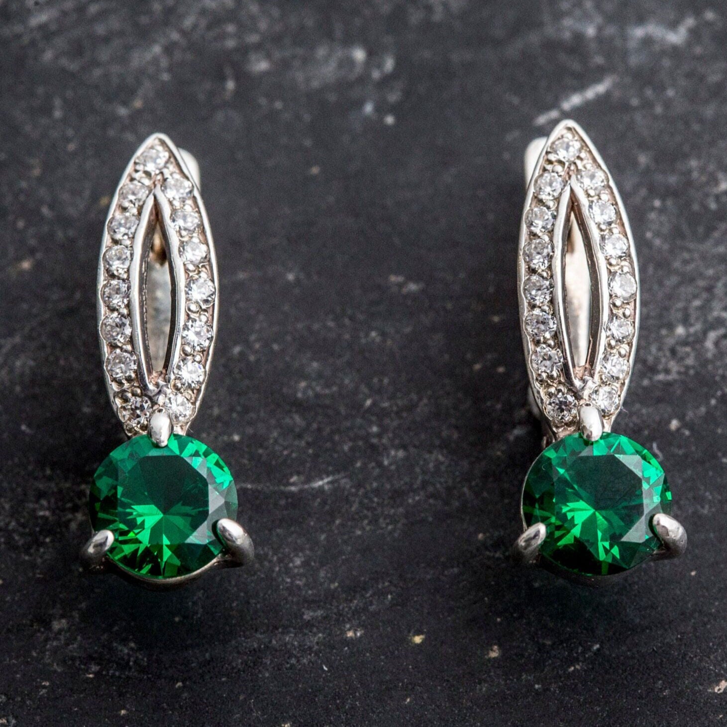 Created Emerald Earrings made in 925 Sterling Silver with Round Created Green Emerald in Solitaire with Accents setting, May Birthstone gift idea, symbolizes, ideal for everyday wear and perfect for birthday gifting and special occasions.