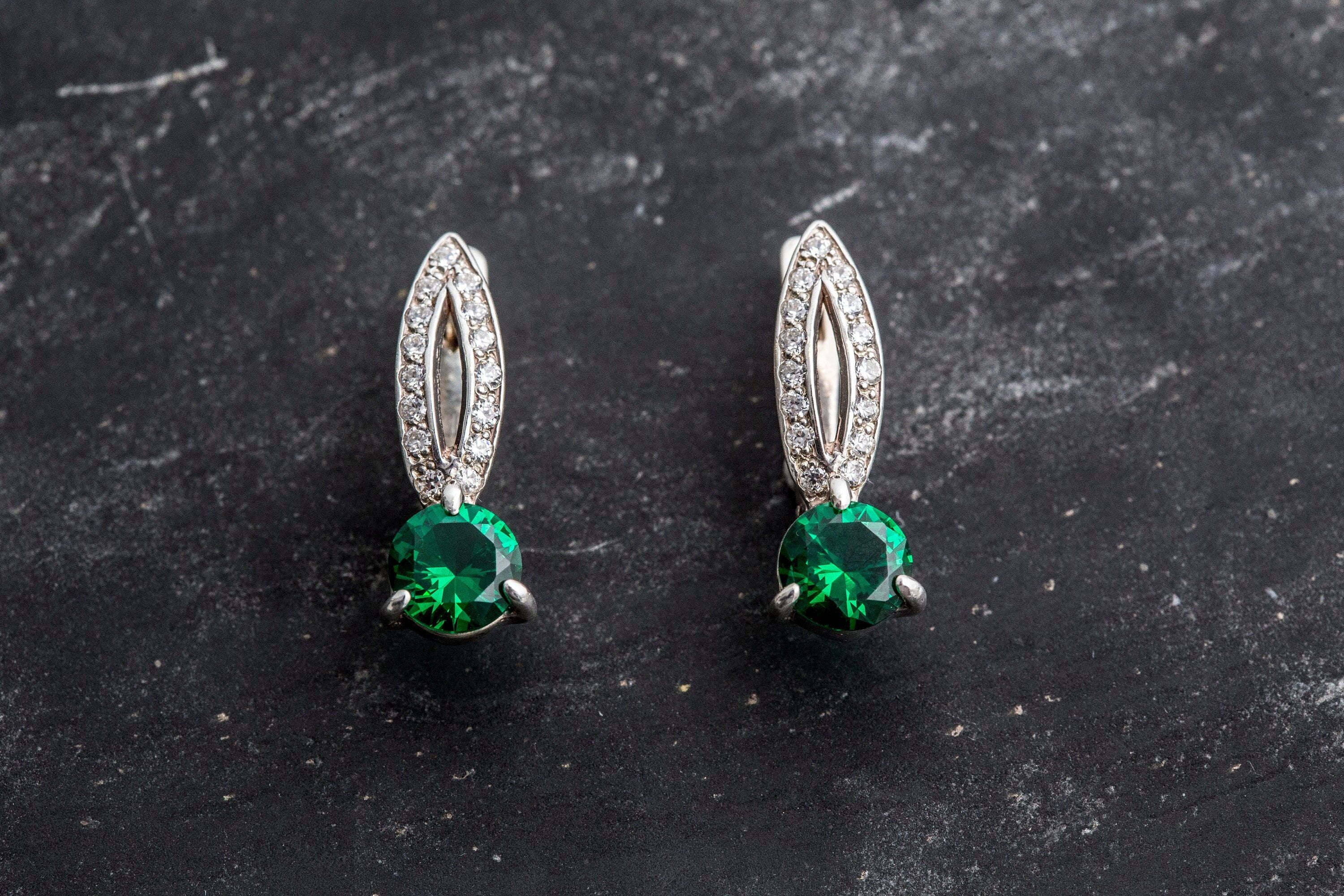 Green Emerald Earrings - Drop Emerald Earrings, Vintage Earrings