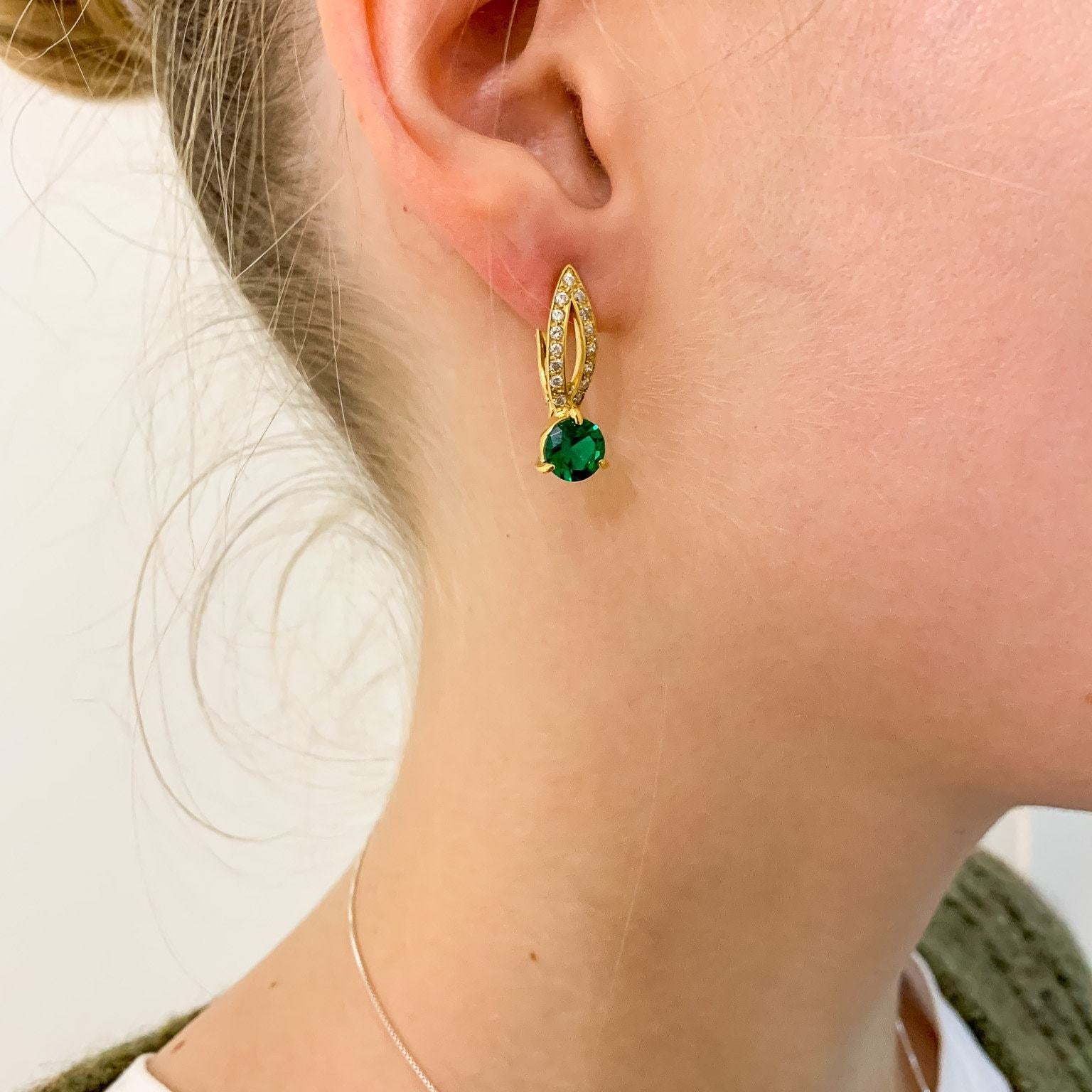 Elegant 18k Gold Vermeil Emerald Earrings with Round Created Green Emerald, perfect for birthdays and special occasions.