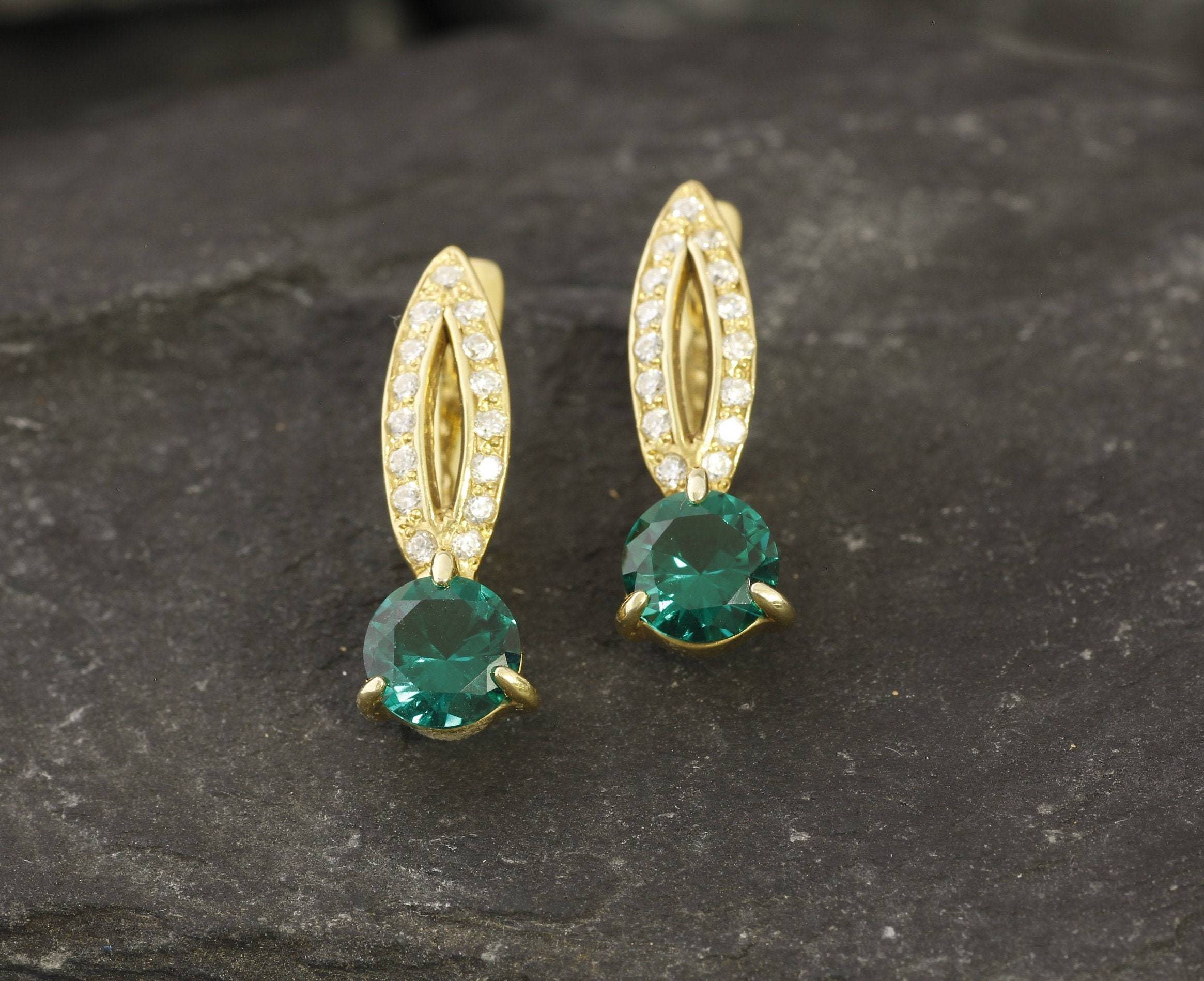 Created Emerald Earrings made in 18k Gold Vermeil with Round Created Green Emerald in Solitaire with Accents setting, May Birthstone gift idea, symbolizes, ideal for everyday wear and perfect for birthday gifting and special occasions.