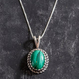 Malachite Necklace - Green Victorian Necklace - Oval Vintage Pendant