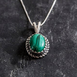 Malachite Necklace - Green Victorian Necklace - Oval Vintage Pendant