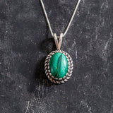 Malachite Necklace - Green Victorian Necklace - Oval Vintage Pendant