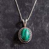 Malachite Necklace - Green Victorian Necklace - Oval Vintage Pendant