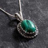 Malachite Necklace - Green Victorian Necklace - Oval Vintage Pendant