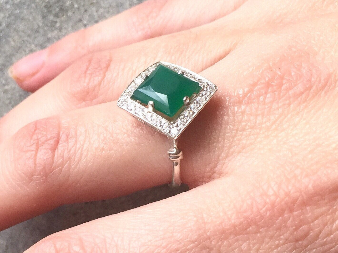 Created Emerald Ring in 925 Sterling Silver, featuring a square Green Emerald in Halo setting, ideal for May birthdays and special occasions.