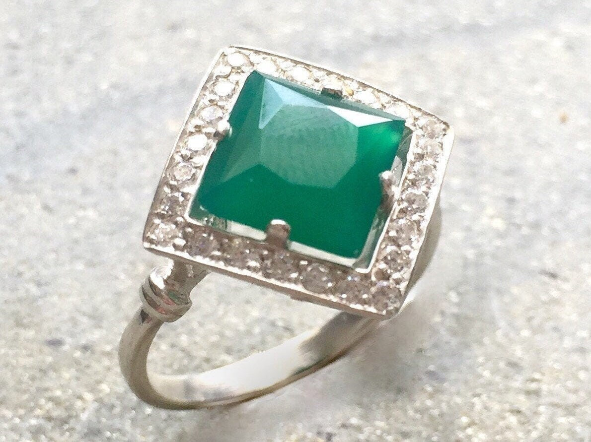 Created Emerald Ring made in 925 Sterling Silver with Square Created Green Emerald in Halo setting, May Birthstone gift idea, symbolizes, ideal for everyday wear and perfect for birthday gifting and special occasions.