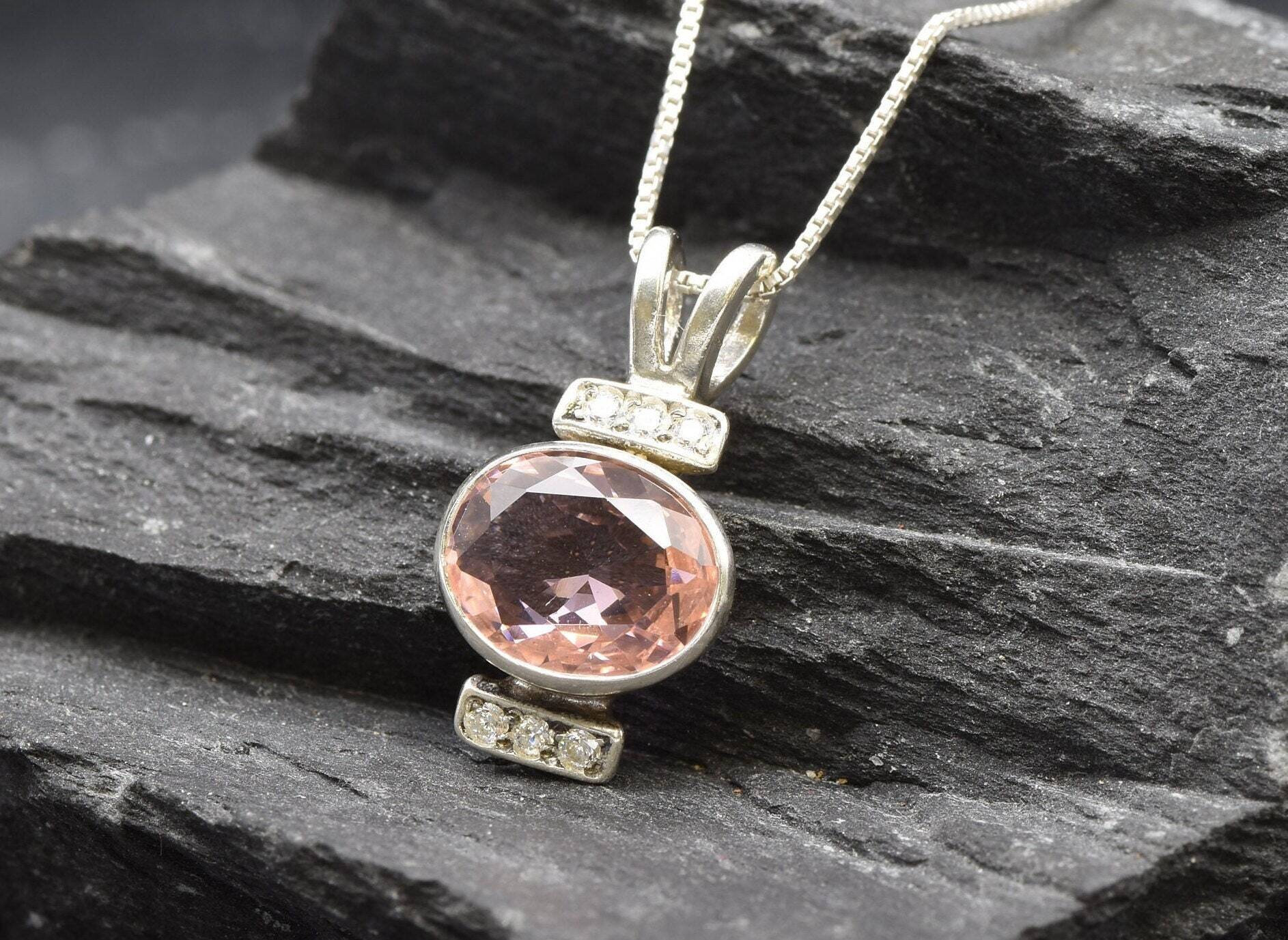 Morganite Pendant, Created Morganite, Pink Oval Necklace, Antique Pendant, Valentine Gift for Her, Gift for Wife, Pink Pendant, Solid Silver
