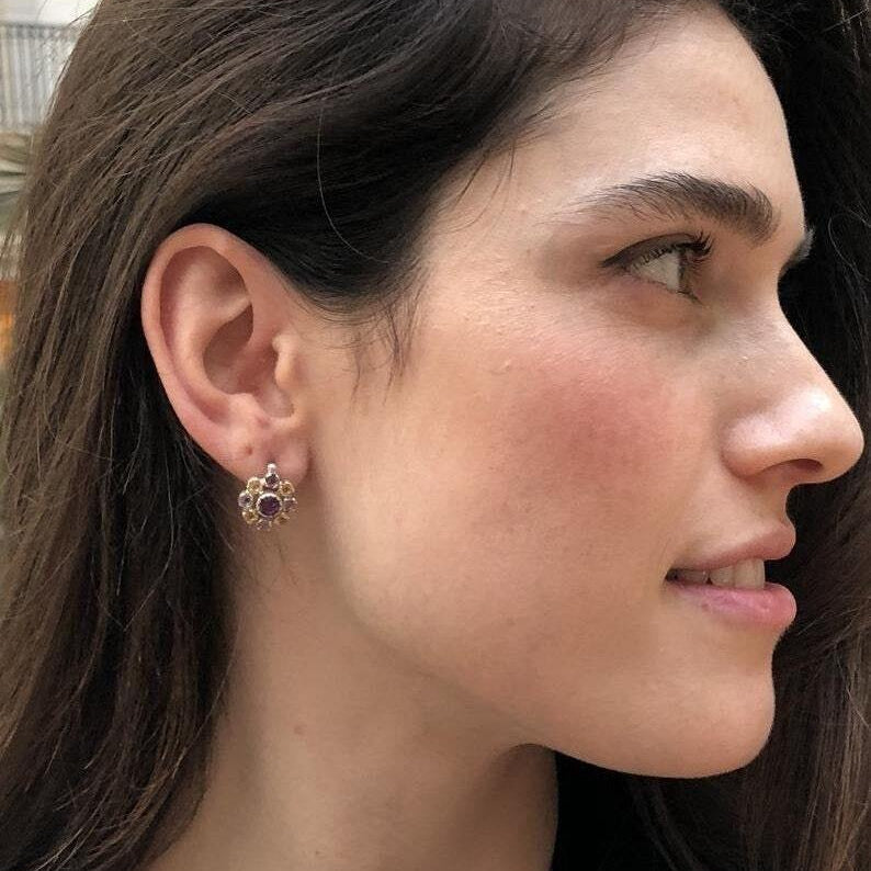 Flower Earrings, Natural Tourmaline Earrings, Vintage Earrings, October Birthstone, Dainty Earrings, Flower Studs, Solid Silver Earrings