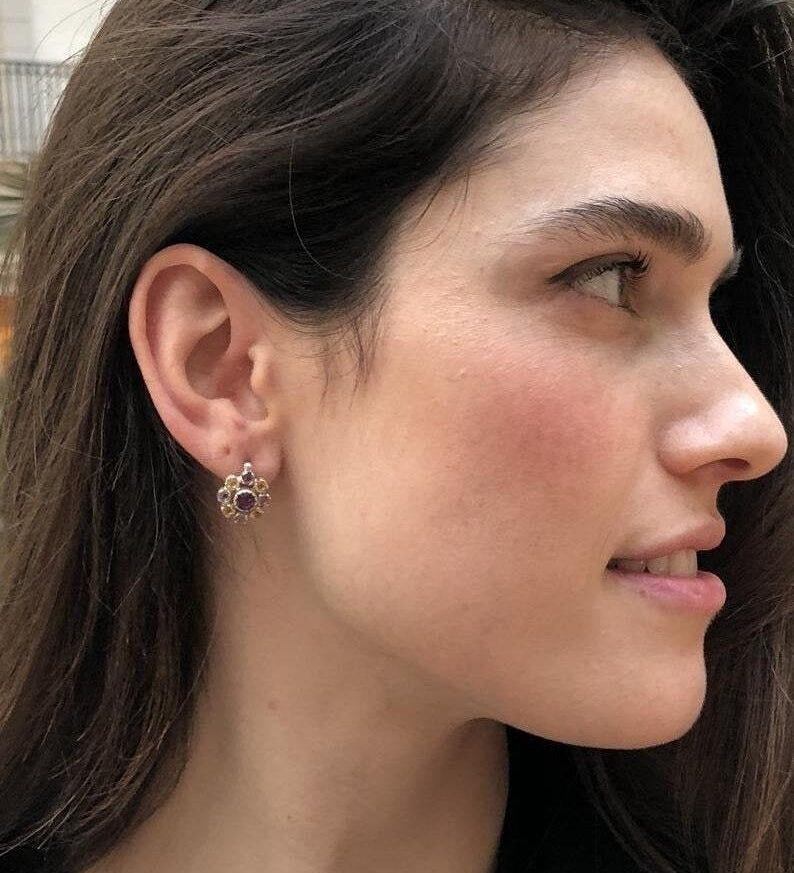 Flower Earrings, Natural Tourmaline Earrings, Vintage Earrings, October Birthstone, Dainty Earrings, Flower Studs, Solid Silver Earrings