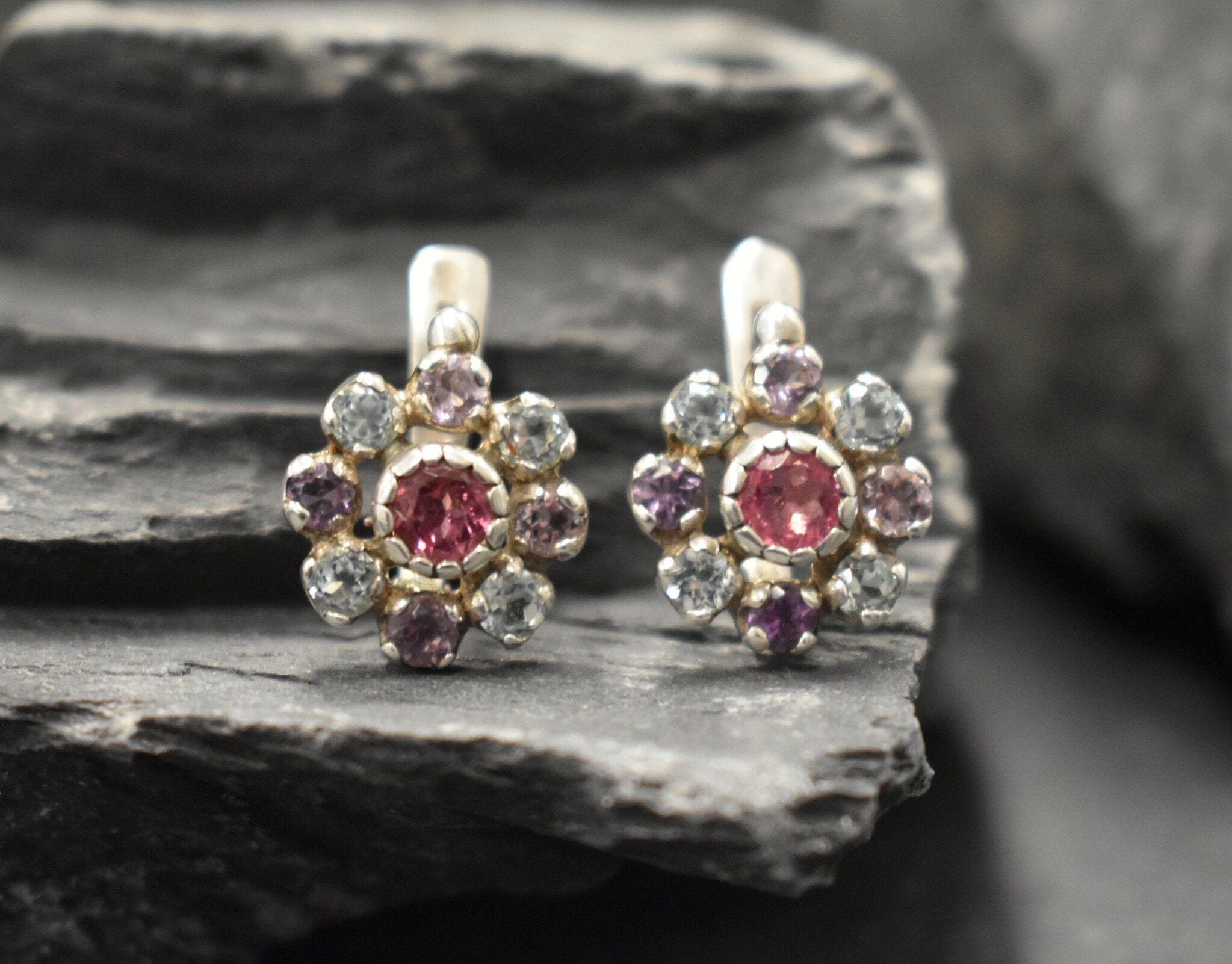 Flower Earrings, Natural Tourmaline Earrings, Vintage Earrings, October Birthstone, Dainty Earrings, Flower Studs, Solid Silver Earrings