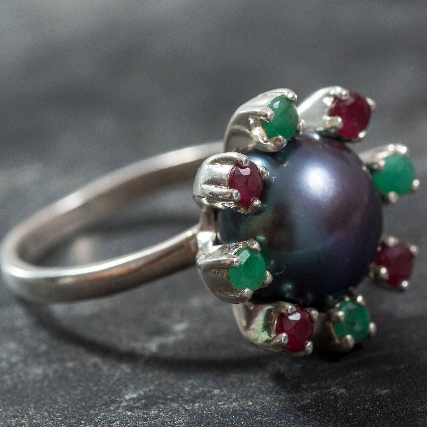 Real Pearl Ring, Black Pearl Ring, Natural Pearl, Natural Emerald, Natural Ruby, June Birthstone, Real Pearl, Vintage Rings, 925 Silver Ring