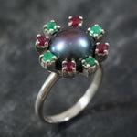 Real Pearl Ring, Black Pearl Ring, Natural Pearl, Natural Emerald, Natural Ruby, June Birthstone, Real Pearl, Vintage Rings, 925 Silver Ring