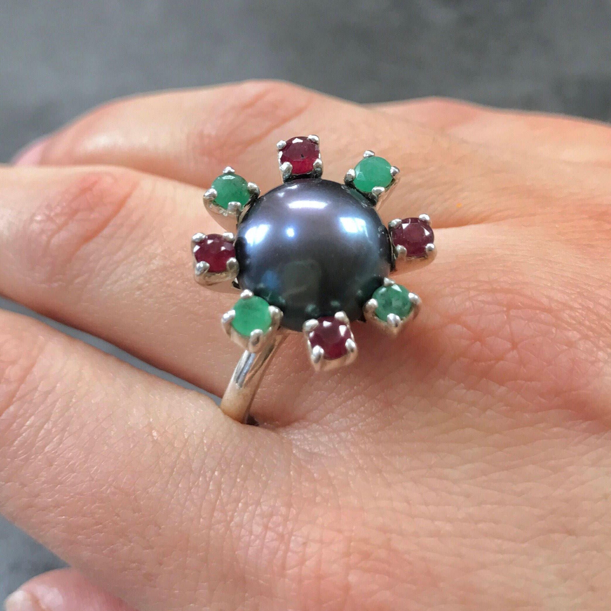 Real Pearl Ring, Black Pearl Ring, Natural Pearl, Natural Emerald, Natural Ruby, June Birthstone, Real Pearl, Vintage Rings, 925 Silver Ring