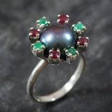 Real Pearl Ring, Black Pearl Ring, Natural Pearl, Natural Emerald, Natural Ruby, June Birthstone, Real Pearl, Vintage Rings, 925 Silver Ring