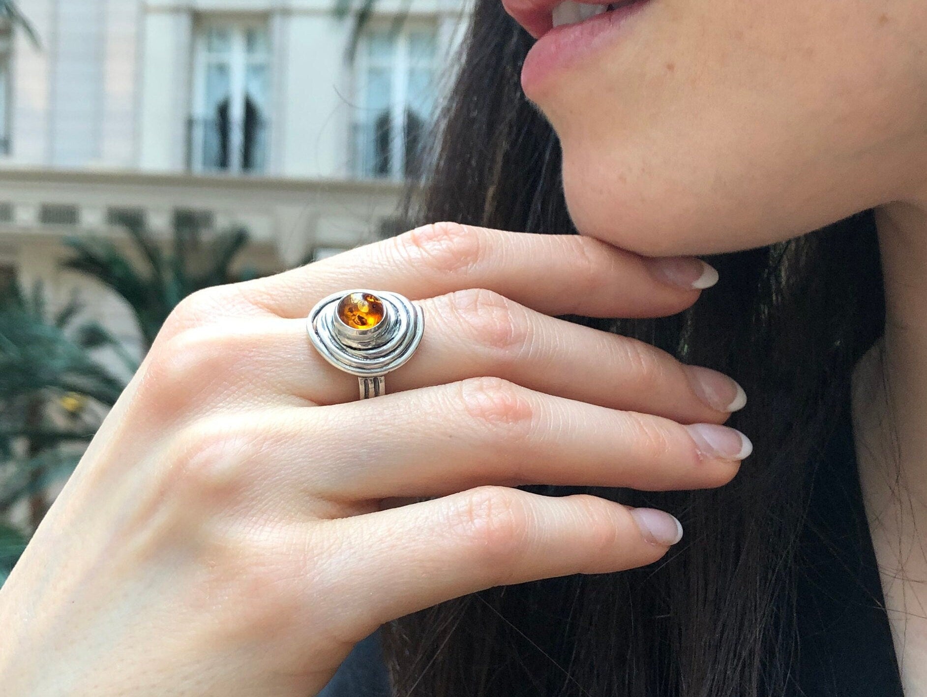 Swirl Ring, Natural Amber, Solitaire Ring, Vintage Ring, Yellow Ring, Round Ring, Bohemian Ring, Amber Ring, Spiral Ring, Solid Silver Ring