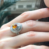 Swirl Ring, Natural Amber, Solitaire Ring, Vintage Ring, Yellow Ring, Round Ring, Bohemian Ring, Amber Ring, Spiral Ring, Solid Silver Ring