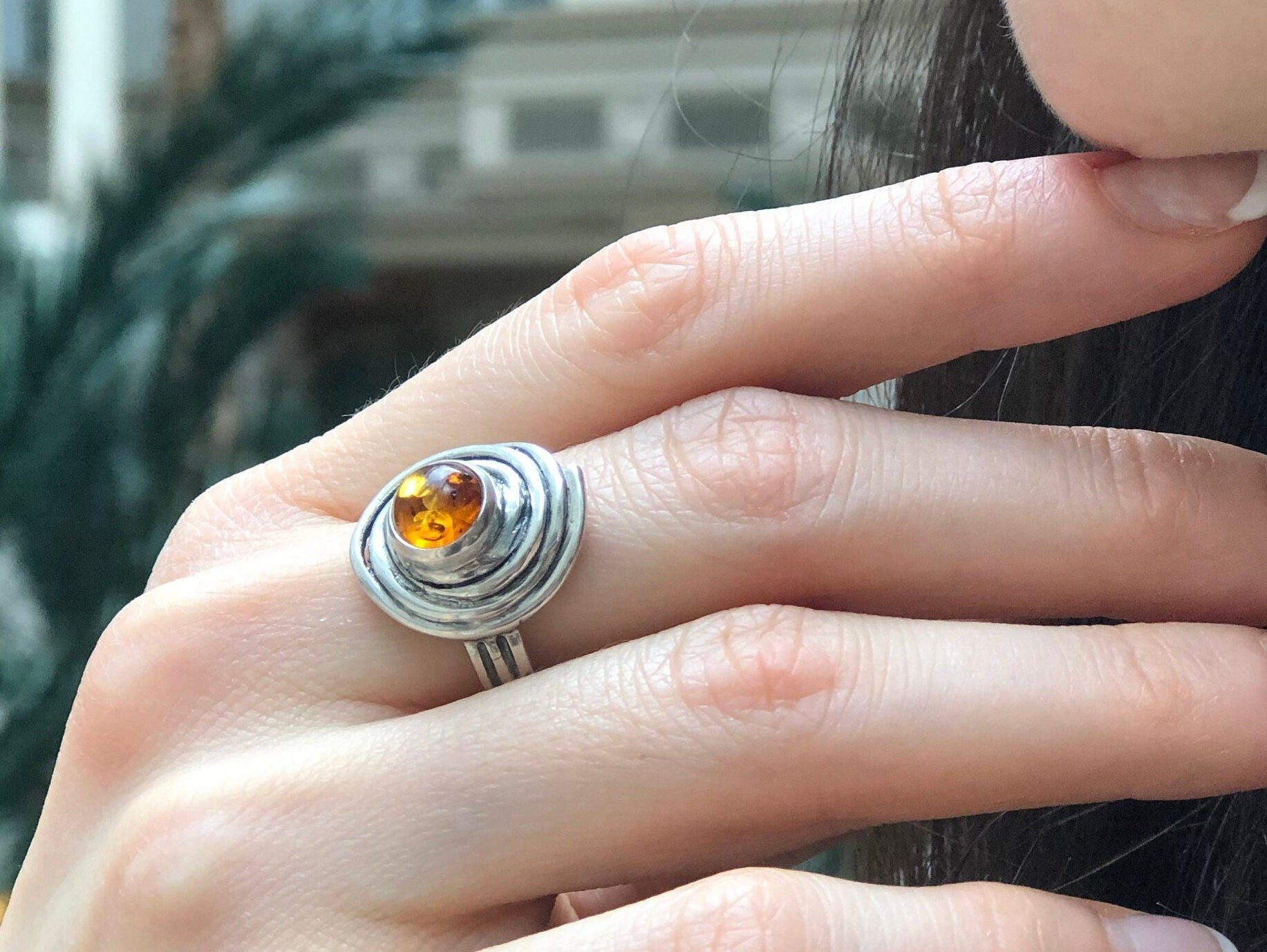Swirl Ring, Natural Amber, Solitaire Ring, Vintage Ring, Yellow Ring, Round Ring, Bohemian Ring, Amber Ring, Spiral Ring, Solid Silver Ring