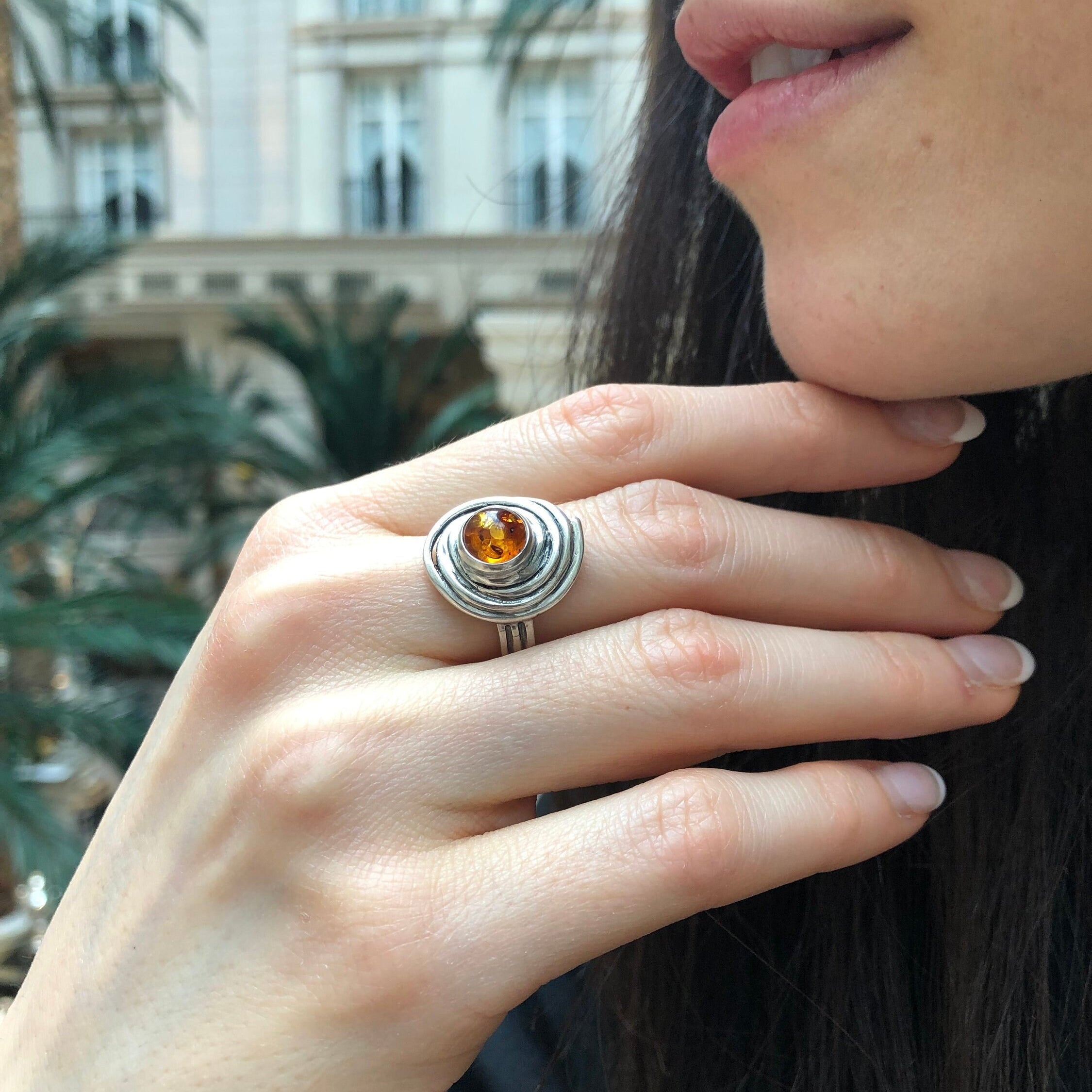 Swirl Ring, Natural Amber, Solitaire Ring, Vintage Ring, Yellow Ring, Round Ring, Bohemian Ring, Amber Ring, Spiral Ring, Solid Silver Ring
