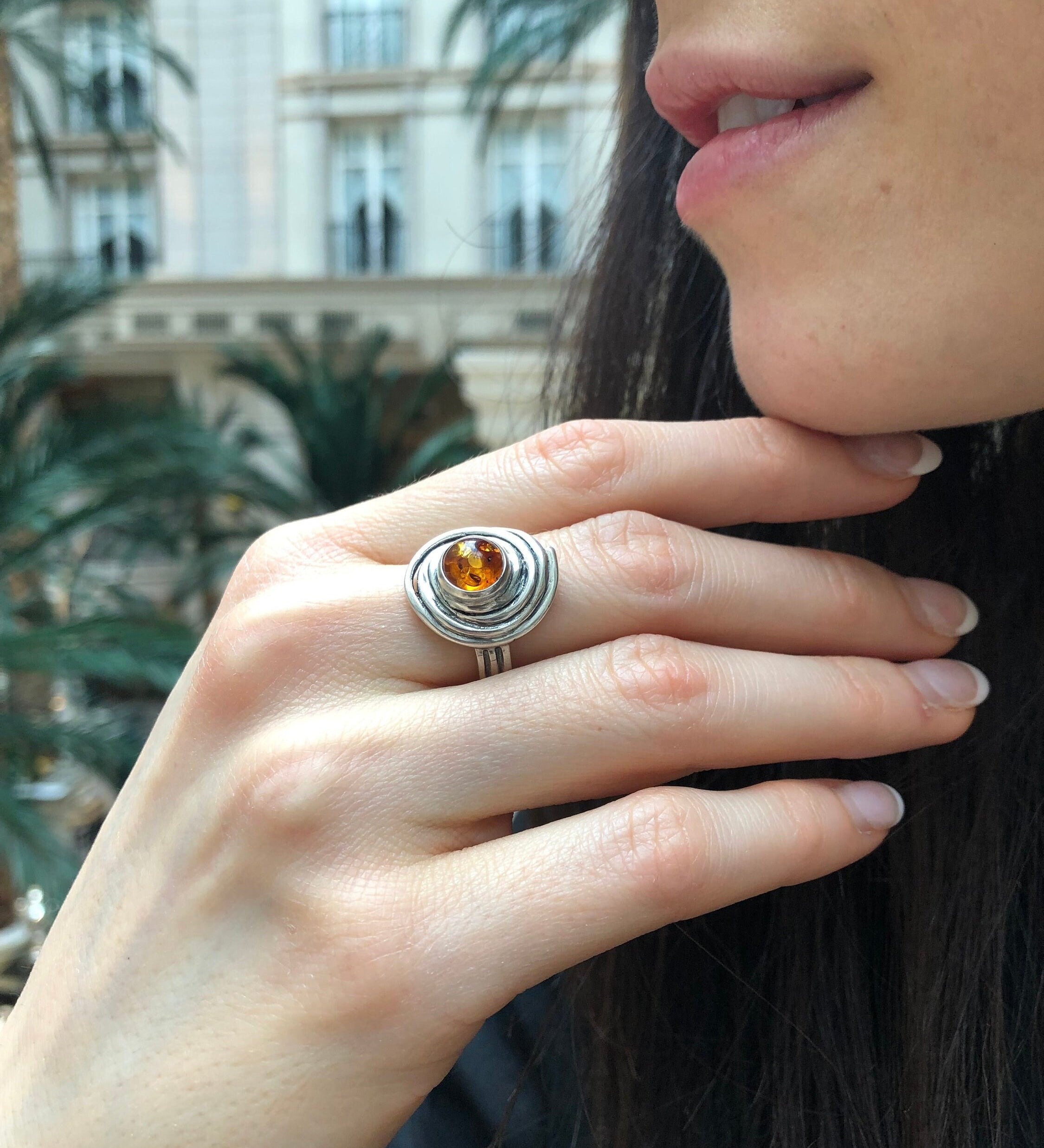 Swirl Ring, Natural Amber, Solitaire Ring, Vintage Ring, Yellow Ring, Round Ring, Bohemian Ring, Amber Ring, Spiral Ring, Solid Silver Ring