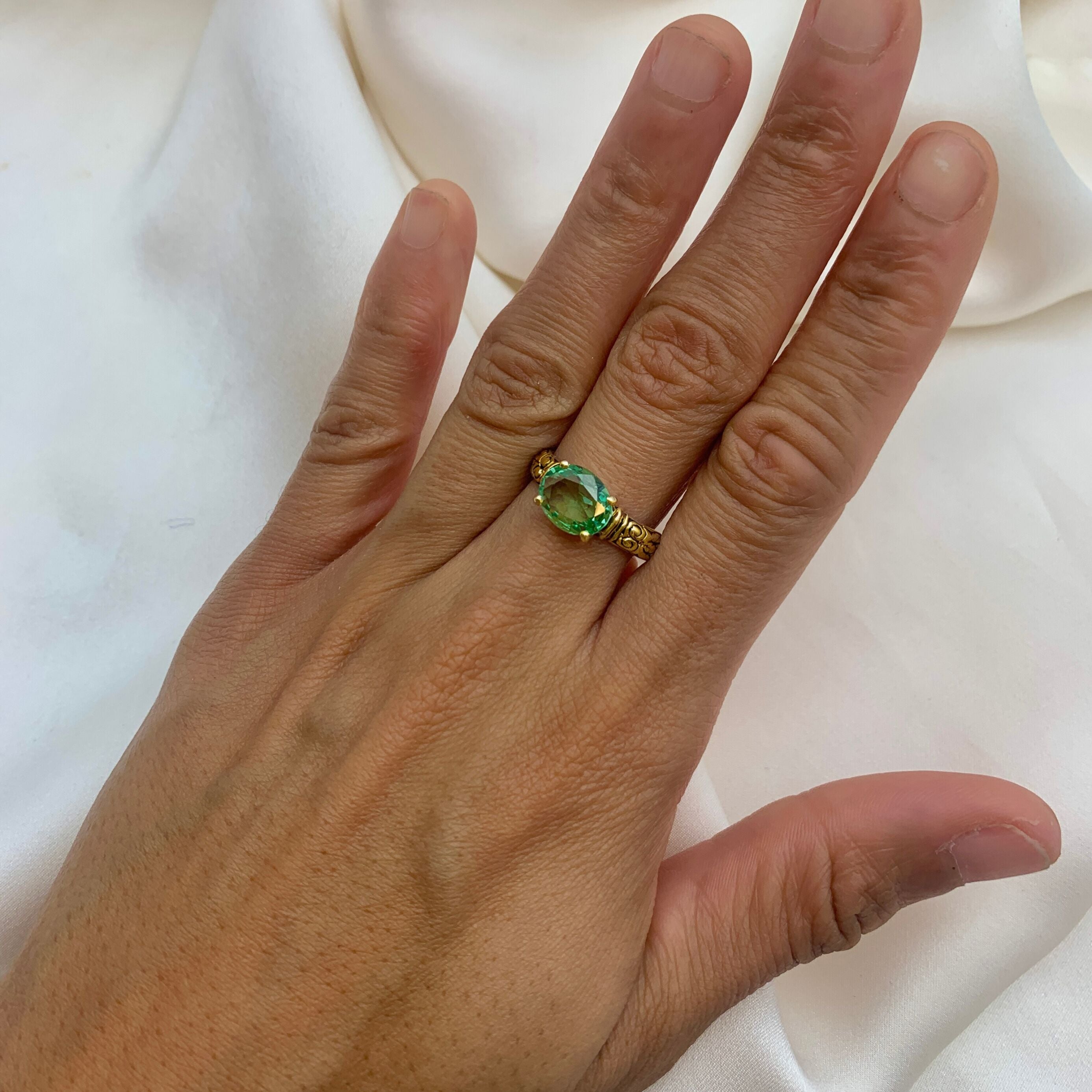 Elegant 18k Gold Vermeil Ring featuring an Oval Created Green Emerald, a timeless piece for daily wear and special moments.