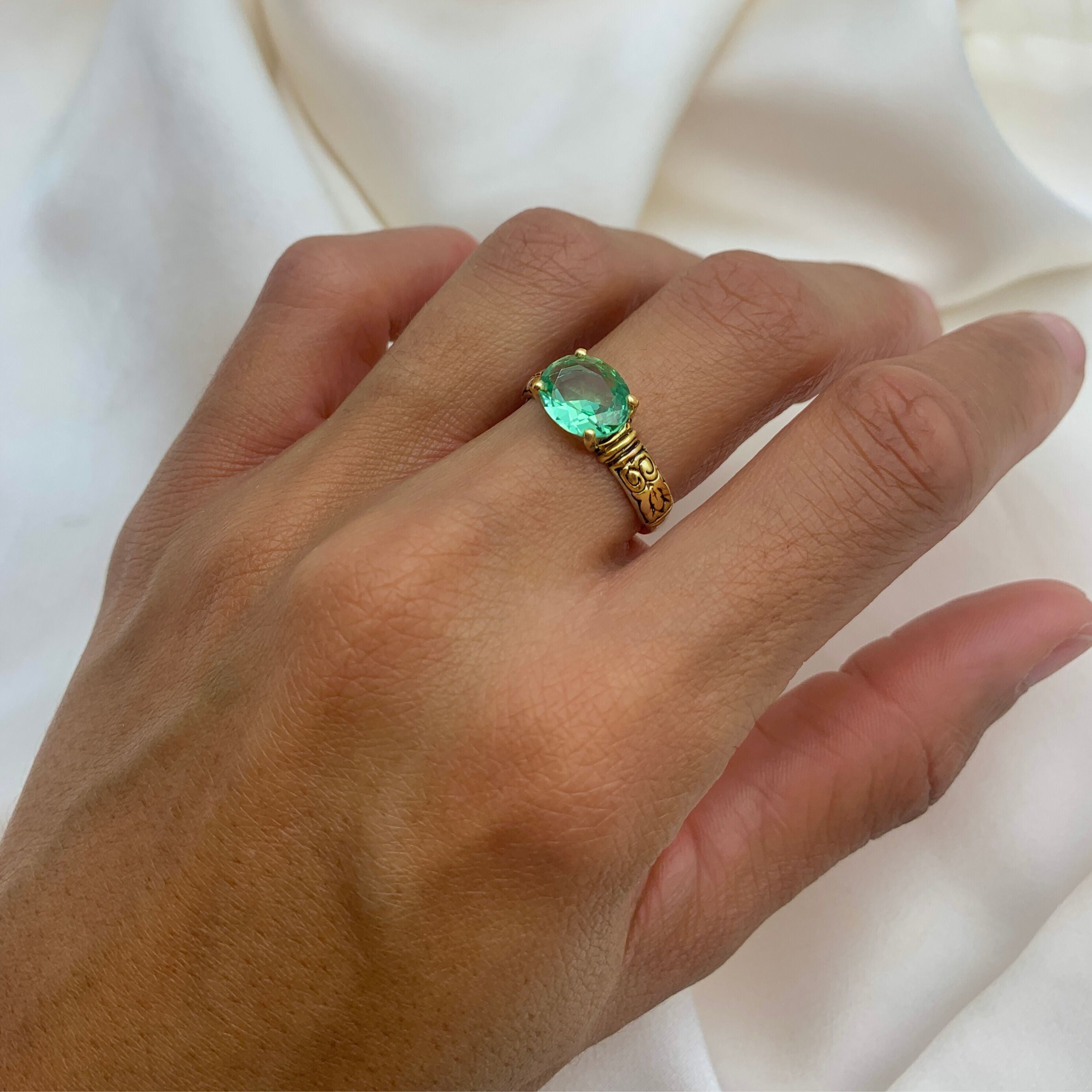 18k Gold Vermeil Emerald Ring with Oval Created Green Emerald, perfect for May birthdays and special occasions.