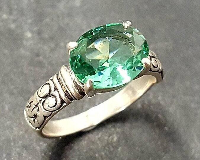 Emerald Ring, Created Emerald, Tribal Ring, Green Vintage Ring, Horizontal Ring, Mint Emerald Ring, Green Diamond Ring, 925 Sterling Ring