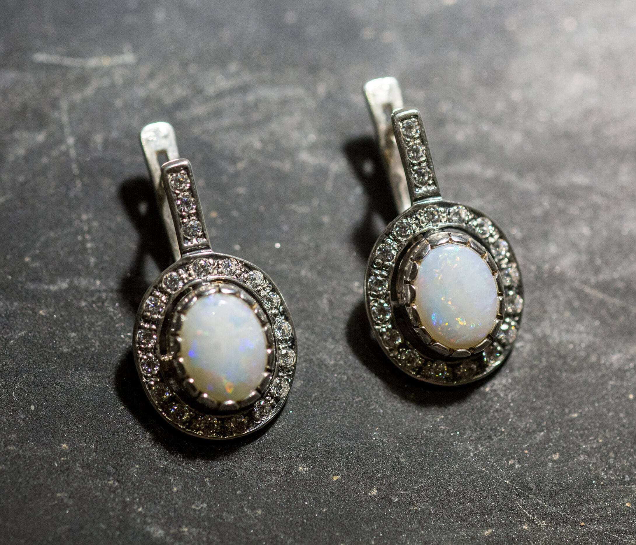 Antique Opal Earrings, Natural Opal Earrings, Australian Opal, Vintage Earrings, Long Earrings, White Oval Earrings, 925 Silver Earrings