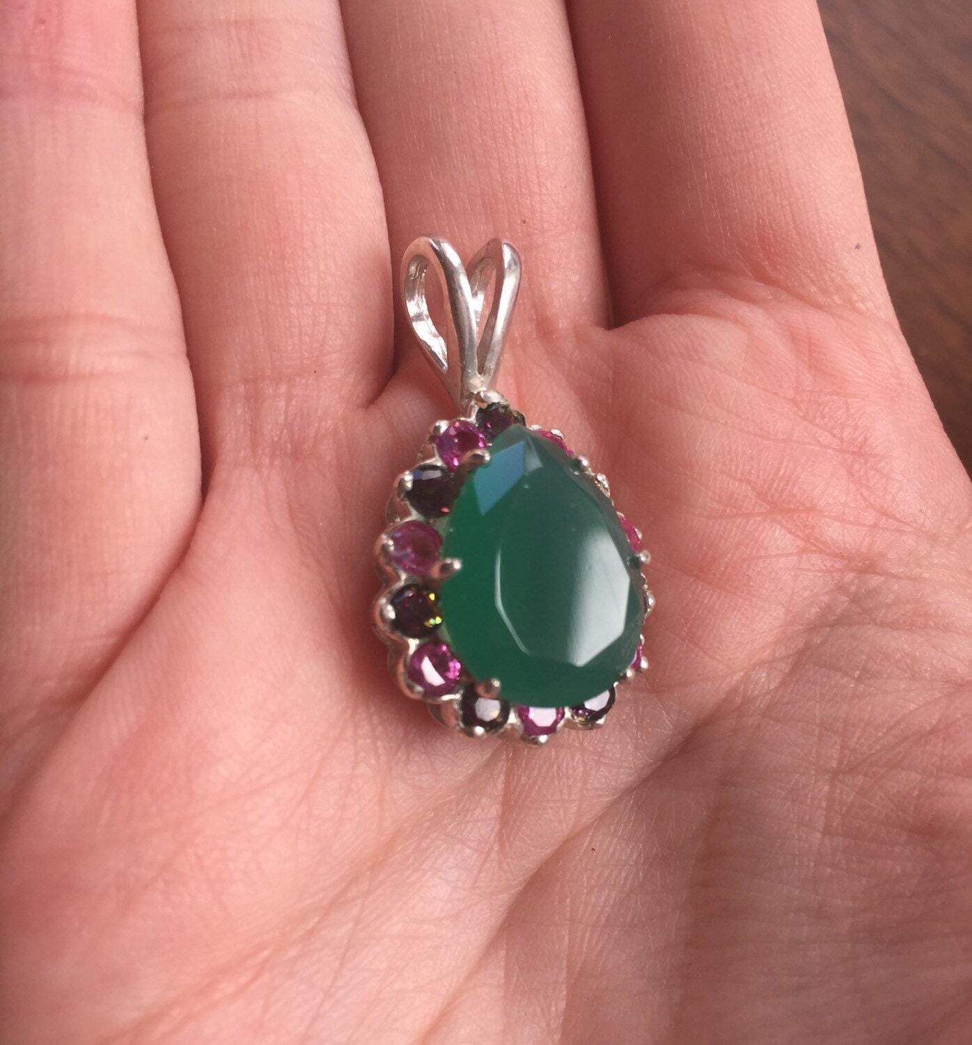 Green Agate Pendant, Mystic Topaz Pendant, Vintage Pendant, Green Stone Pendant, Kate Middleton Pendant, Silver Pendant