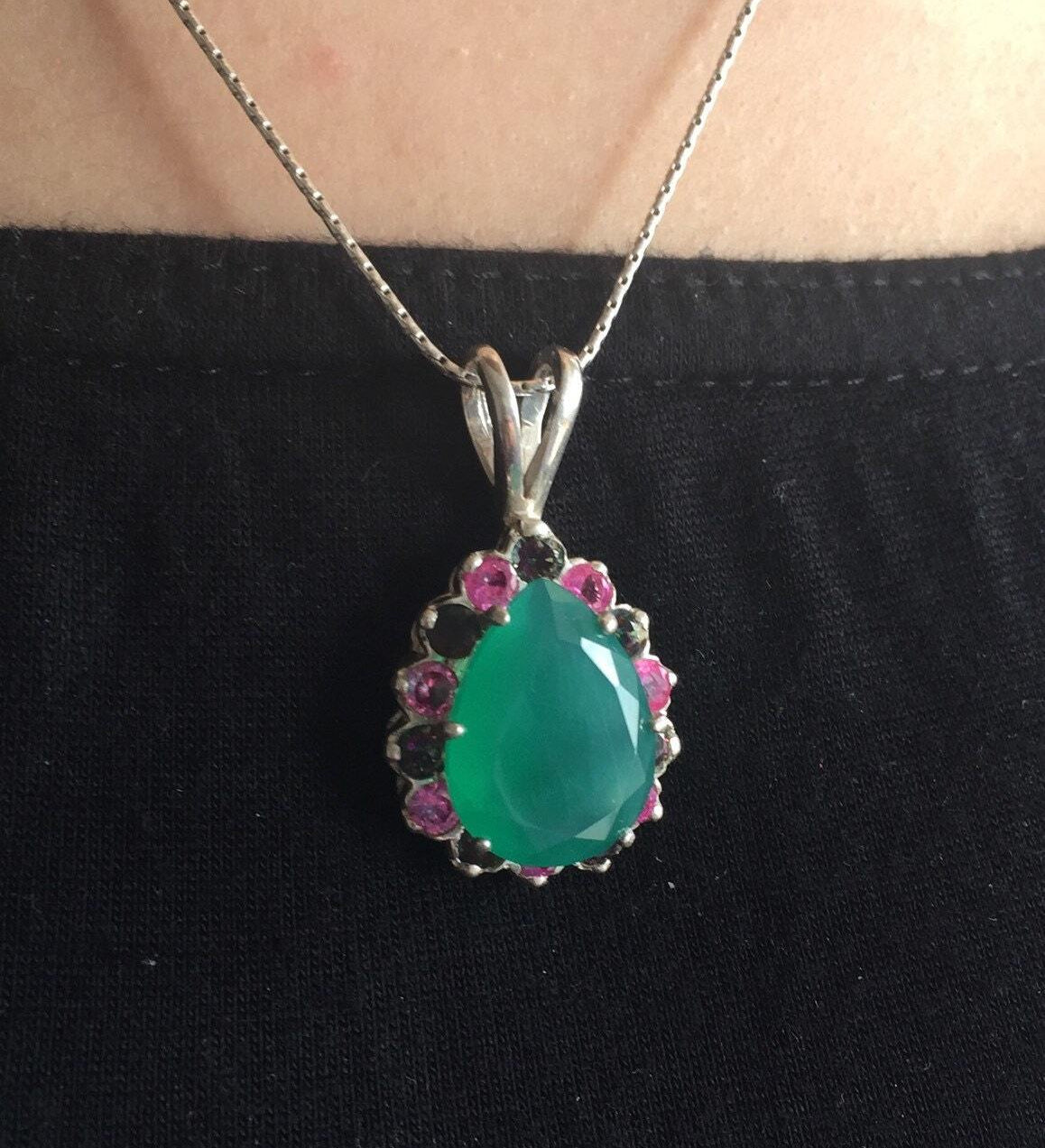 Green Agate Pendant, Mystic Topaz Pendant, Vintage Pendant, Green Stone Pendant, Kate Middleton Pendant, Silver Pendant