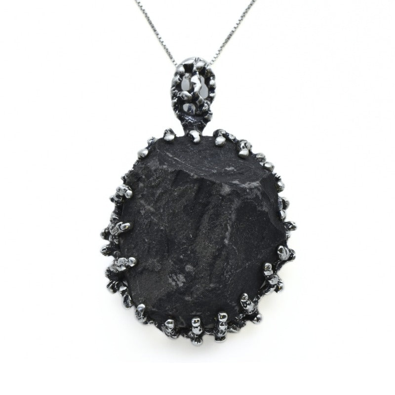 Black Raw Pendant, Black Agate Pendant, Raw Stone Pendant, Statement Pendant, Volcanic Pendant, Black Stone Pendant, Solid Silver Stone