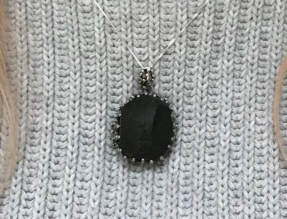 Black Raw Pendant, Black Agate Pendant, Raw Stone Pendant, Statement Pendant, Volcanic Pendant, Black Stone Pendant, Solid Silver Stone