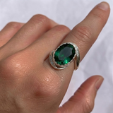 Elegant 925 Sterling Silver ring featuring a stunning oval Created Green Emerald, ideal for birthdays and special occasions.