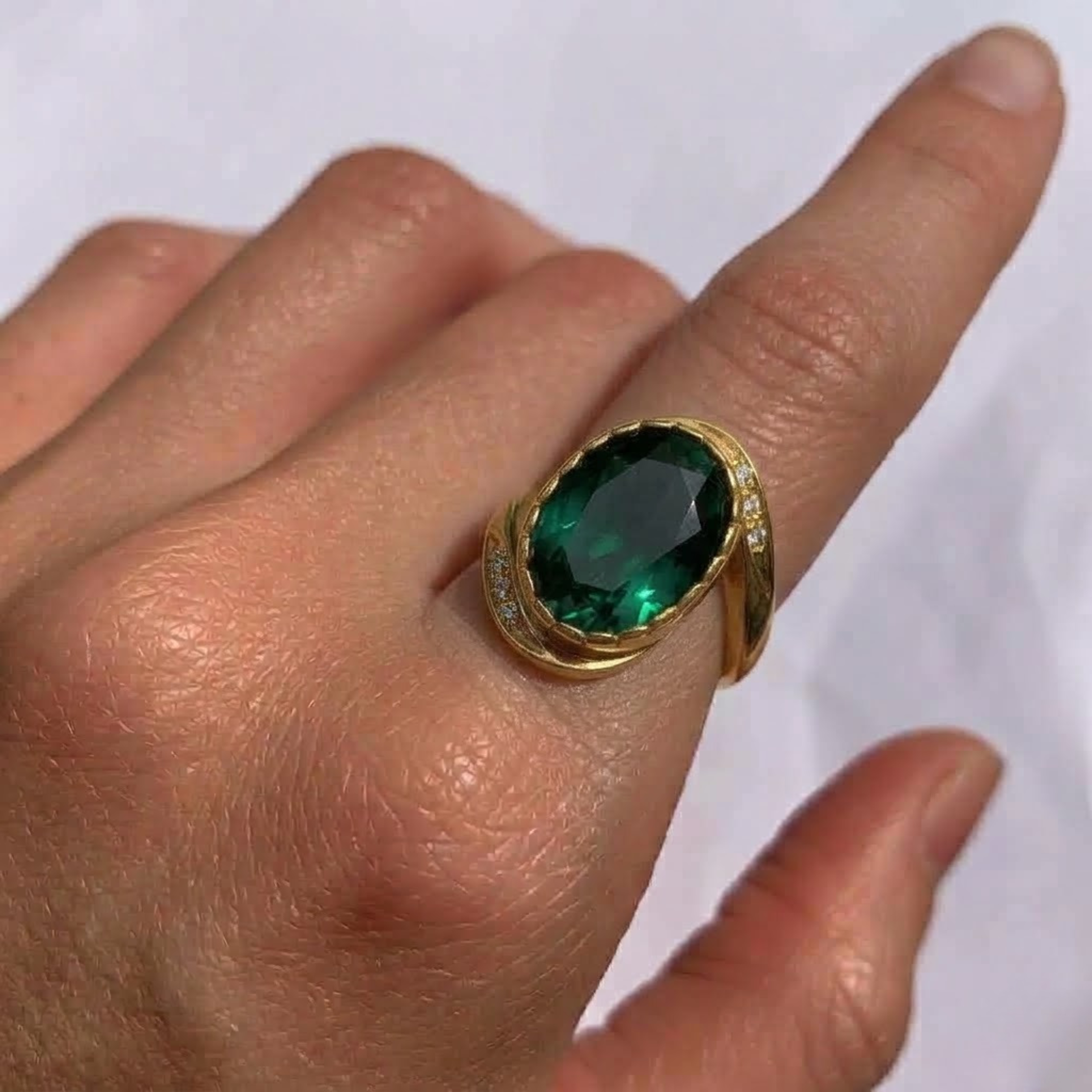 18k Gold Vermeil Emerald Ring featuring Oval Created Green Emerald, perfect May birthstone gift for special occasions.