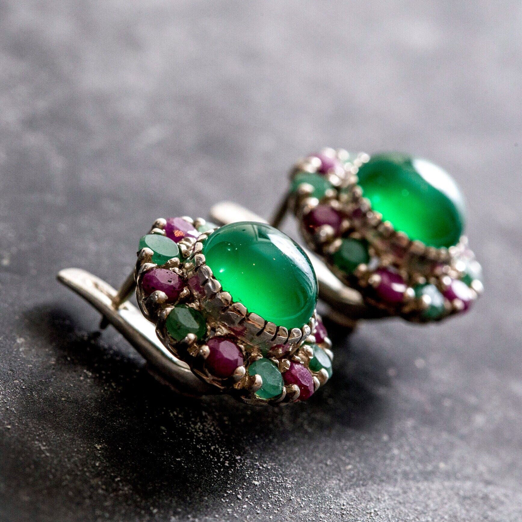 Emerald Earrings, Victorian Earrings, Created Emerald, Natural Emerald Halo, Large Studs, May Birthstone, Ruby July Birthstone, Silver Studs