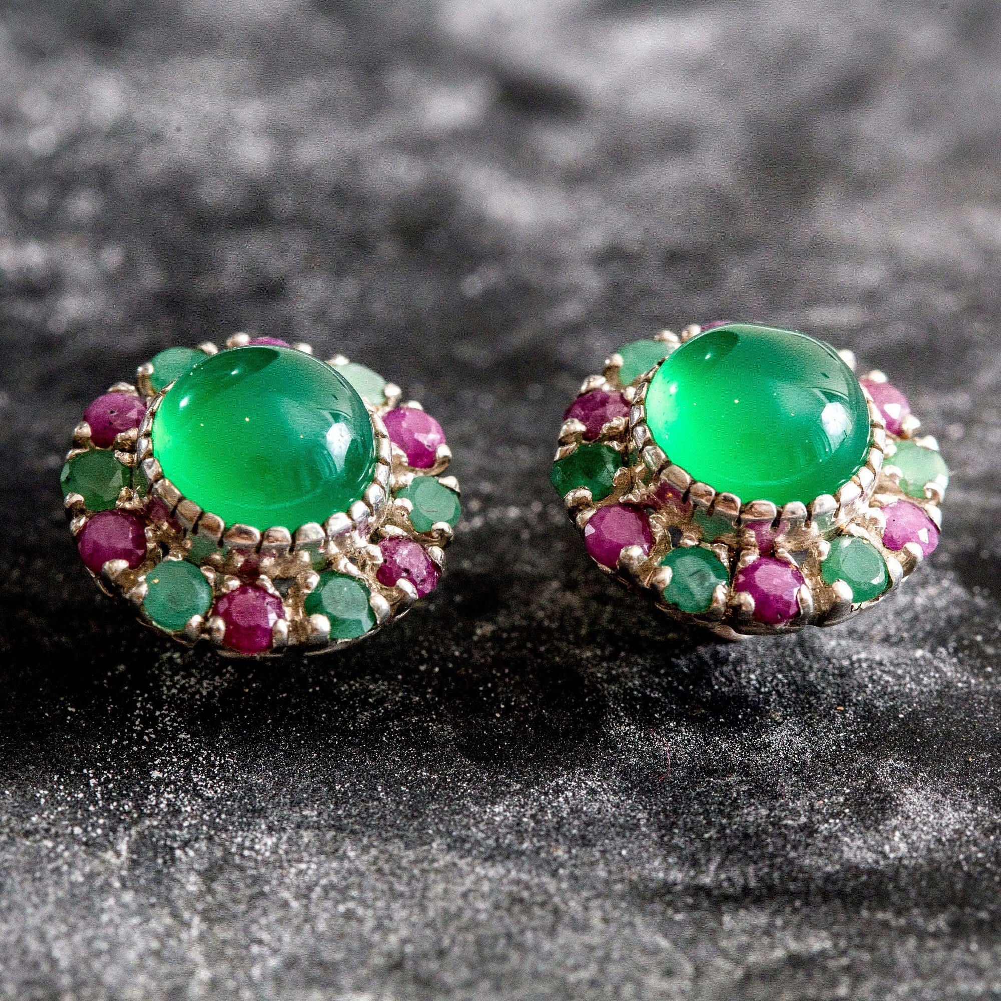 Emerald Earrings, Victorian Earrings, Created Emerald, Natural Emerald Halo, Large Studs, May Birthstone, Ruby July Birthstone, Silver Studs