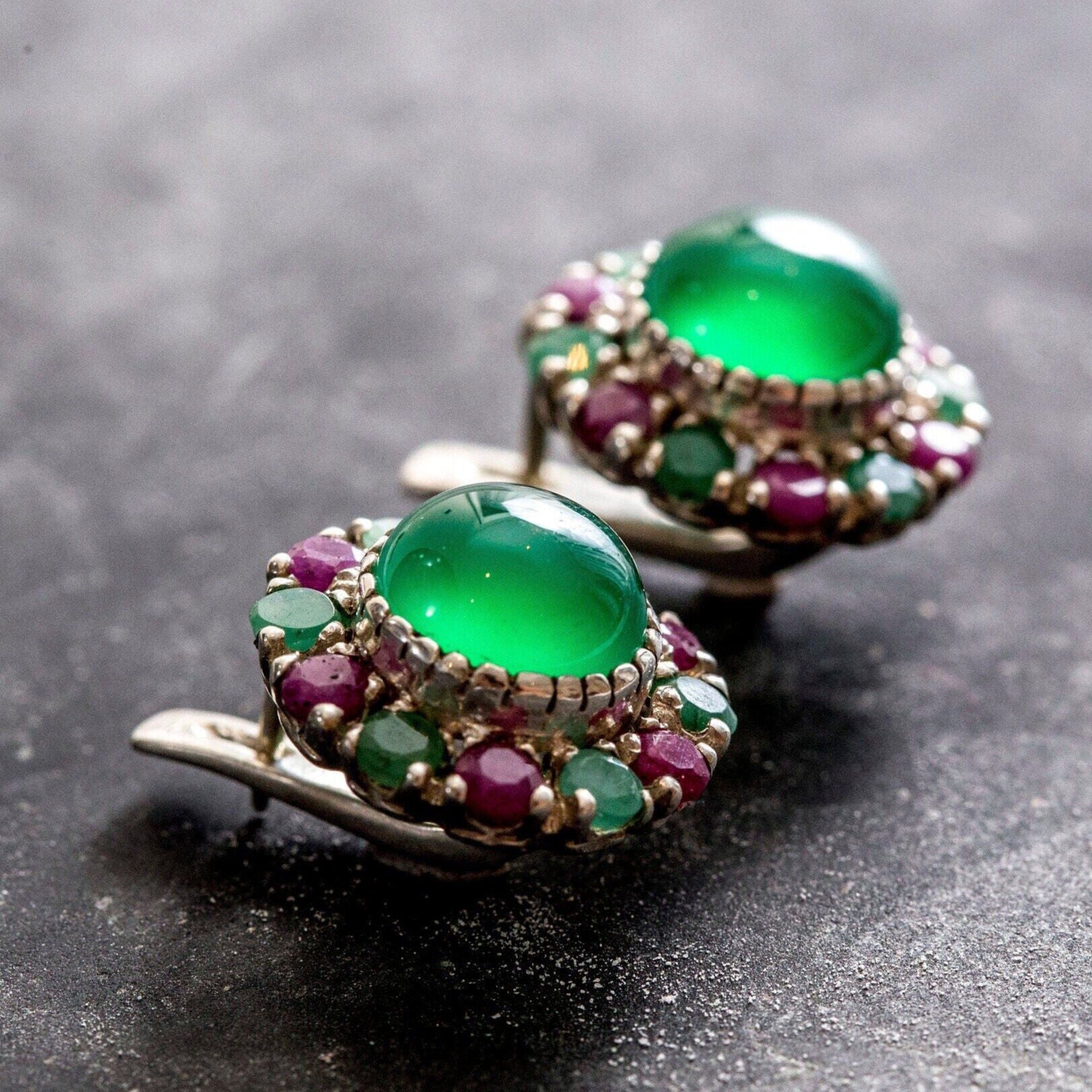 Emerald Earrings, Victorian Earrings, Created Emerald, Natural Emerald Halo, Large Studs, May Birthstone, Ruby July Birthstone, Silver Studs