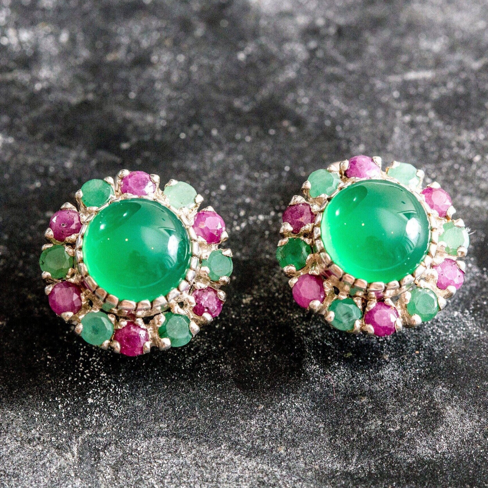 Emerald Earrings, Victorian Earrings, Created Emerald, Natural Emerald Halo, Large Studs, May Birthstone, Ruby July Birthstone, Silver Studs