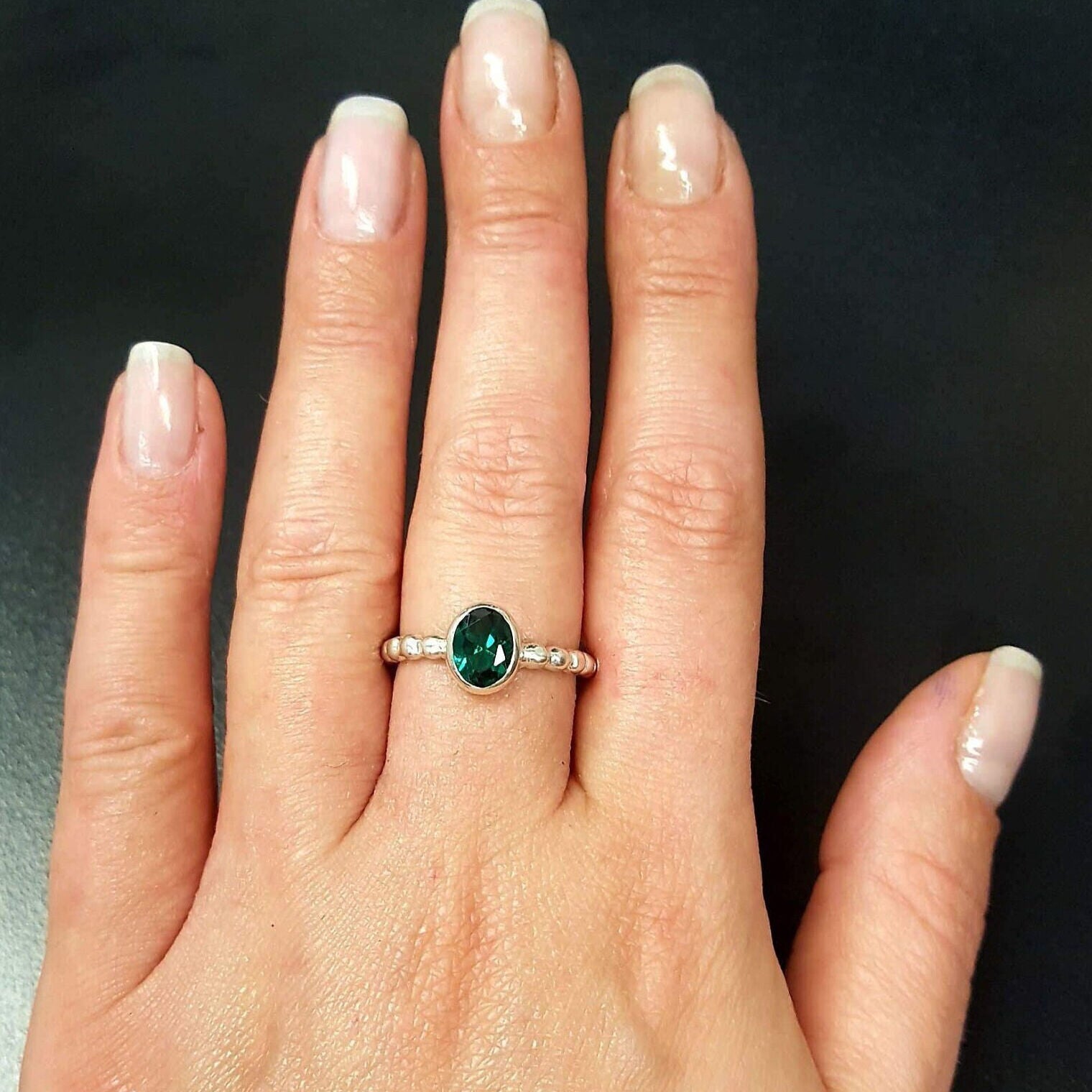 Stunning 925 Sterling Silver ring with an oval Created Green Emerald, a timeless May birthstone gift for everyday elegance.