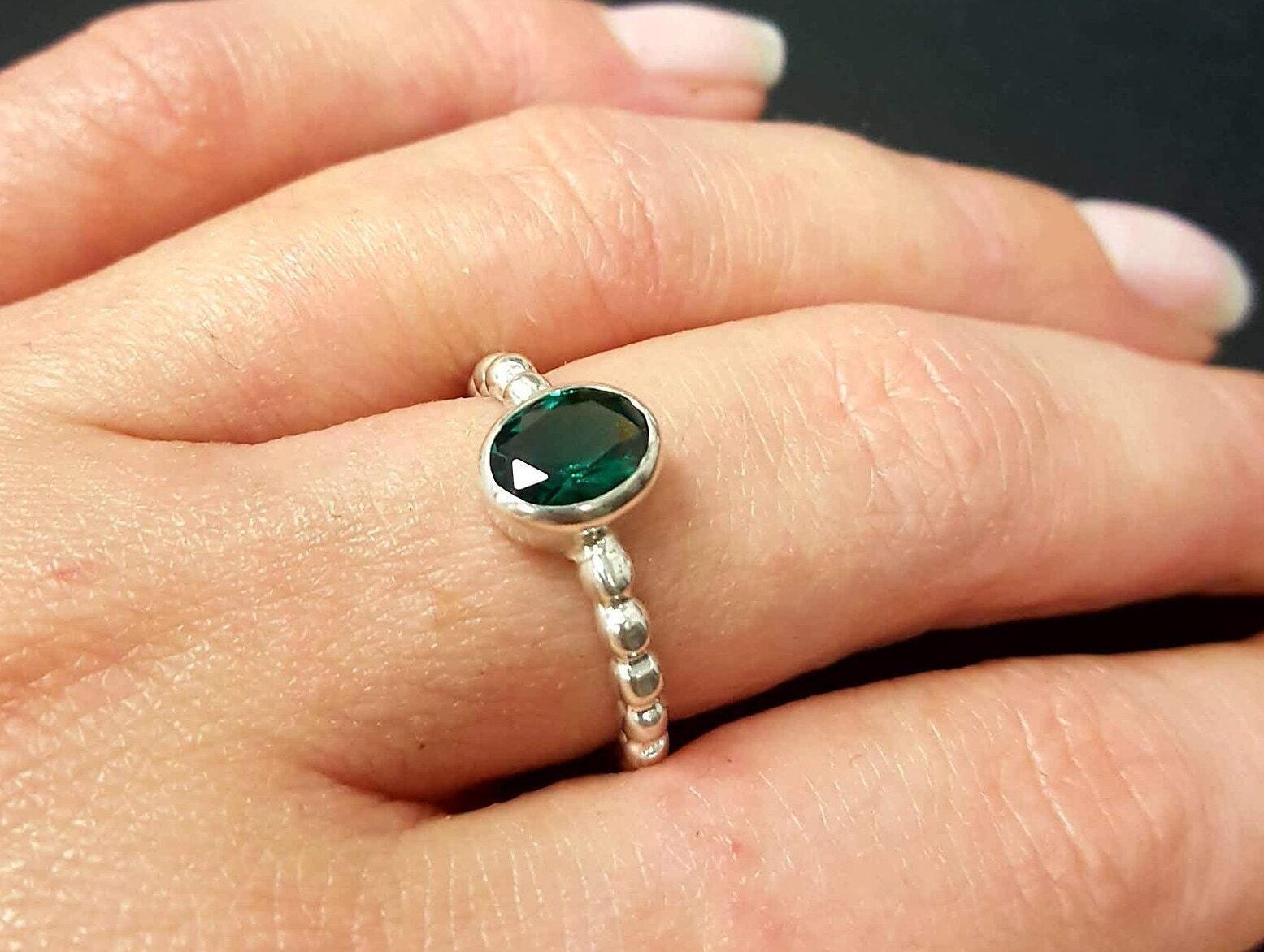 Created Emerald Ring made in 925 Sterling Silver with Oval Created Green Emerald in Bezel setting, May Birthstone gift idea, symbolizes, ideal for everyday wear and perfect for birthday gifting and special occasions.