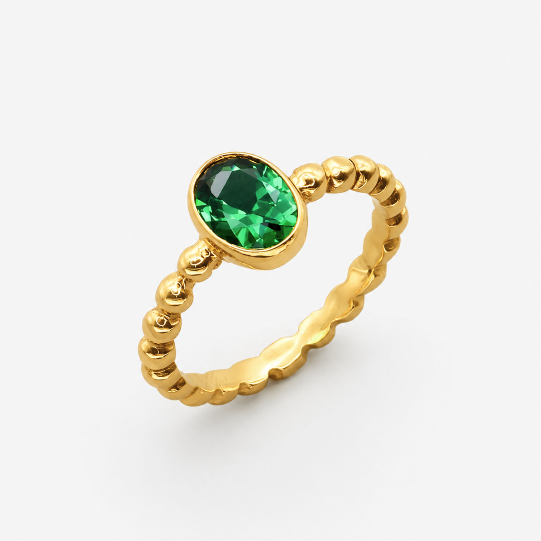 Created Emerald Ring made in 18k Gold Vermeil with Oval Created Green Emerald in Bezel setting, May Birthstone gift idea, symbolizes, ideal for everyday wear and perfect for birthday gifting and special occasions.