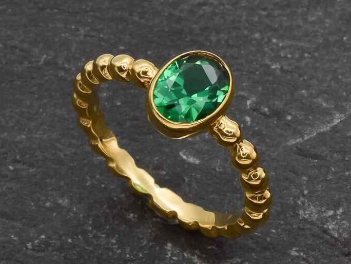 Created Emerald Ring made in 18k Gold Vermeil with Oval Created Green Emerald in Bezel setting, May Birthstone gift idea, symbolizes, ideal for everyday wear and perfect for birthday gifting and special occasions.