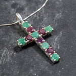 Cross Pendant, Emerald Pendant, Ruby Pendant, May Birthstone, Multistone Pendant, July Birthstone, Solid Silver Pendant, Unique Pendant