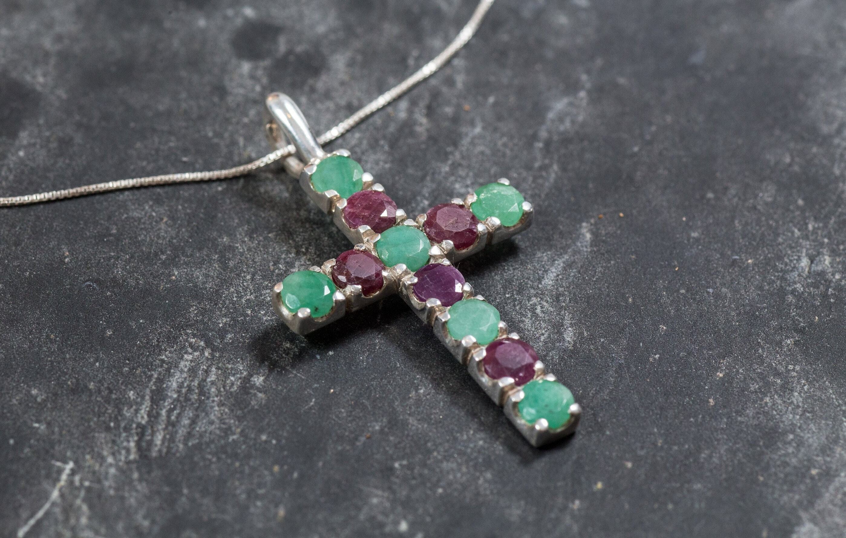 Cross Pendant, Emerald Pendant, Ruby Pendant, May Birthstone, Multistone Pendant, July Birthstone, Solid Silver Pendant, Unique Pendant