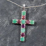 Cross Pendant, Emerald Pendant, Ruby Pendant, May Birthstone, Multistone Pendant, July Birthstone, Solid Silver Pendant, Unique Pendant